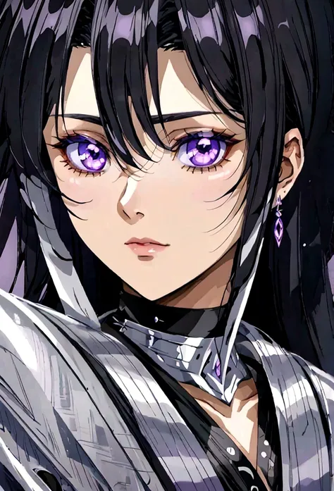 a woman with black hair and white streaks holding a large purple sword, detailed face and eyes, fantasy portrait, highly detaile...