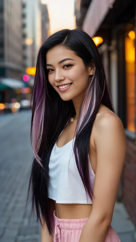 arafed woman with black hair , flowing long black hair, with black hair and purple highlights, photo of a beautiful woman, long flowing pink hair, pink golden hour, curly pink hair, beautiful young asian woman, beautiful woman, wild ginger hair, pink wispy...