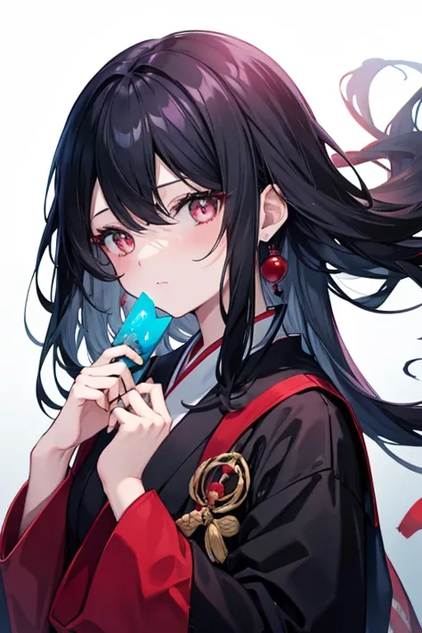 1girl, long black hair, red and blue pupils, Japanese school clothes