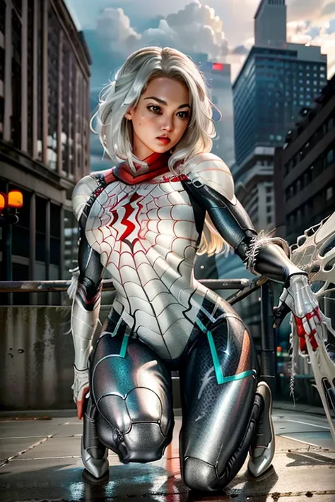 raw photo, photo-realistic, ((roseann park)) as spider gwen, (((robotic armor suit, articulated armor suit, metallic armor suit)...