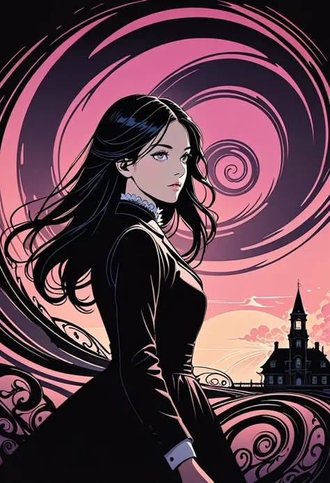 1 Girl white with long black hair. Fluorescent horizon, shadow art, Digital illustration, comic style, (magic swirl-style:0.8), (Victorian theme:1.1), dark color scheme, mysterious early 20th century Lovecraftian atmosphere.