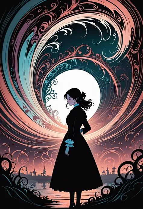 1 Girl white with long black hair. Fluorescent horizon, shadow art, Digital illustration, comic style, (magic swirl-style:0.8), (Victorian theme:1.1), dark color scheme, mysterious early 20th century Lovecraftian atmosphere.