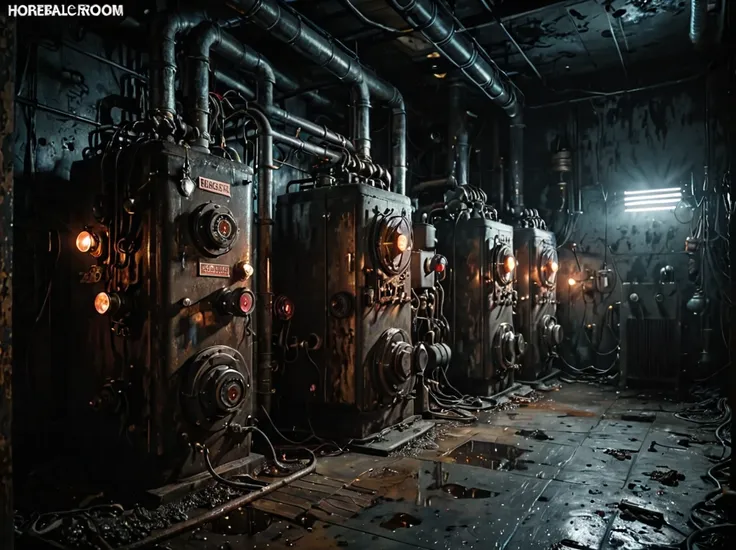 horror creepy boiler room, no lights, hyper realistic, horror, dark background, dark atmosphere, horror lighting, detailed, cine...