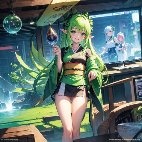 Elf（Maid clothes（kimono）　tropical　tropicalジュース（tray）　Tavern（Adventurer）　cyber punk　Green light swirling（hologram）　Multiple monitors behind（Streaming screen　magic circle）　Adventurer　Medieval Fantasy　smile　night　comics）