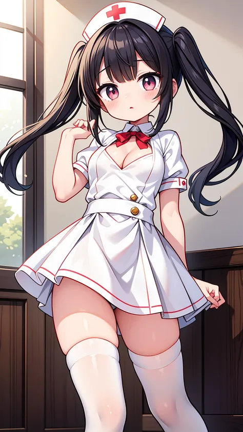 masterpiece, best image quality, ultra high resolution, (loli girl with very small breasts), twin tail hairstyle, black hair, red face, shyly, mock, Open your mouth just a little, (A short-sleeved white nurse uniform that shows the cleavage of a loli girl)...