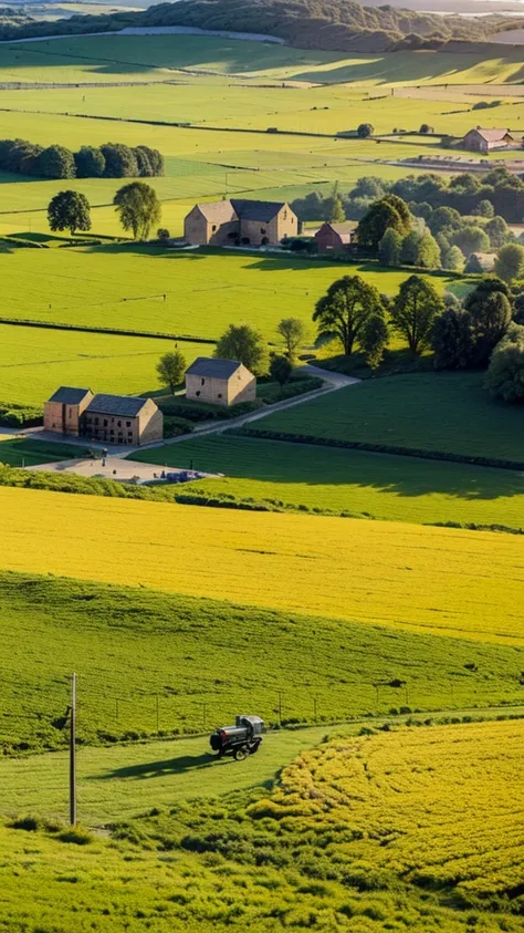 Point of view, Wheat meadow, with many people working and harvesting, in the background you can see a large rural village with wooden houses and a large golden castle of a small wall 