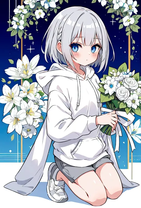 Girl,Silver Hair,blue eyes,Bob,birthday,whole body,White hoodie,Grey shorts,bouquet