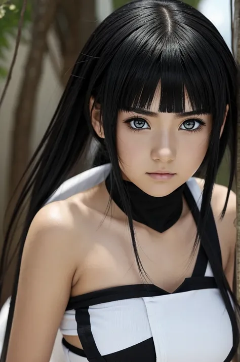 ((estilo anime)) Hinata Hyuga Genin ((Age 13 years)) pupilas blancas, cabello corto y negro, rostro delgado tierno y ruborizado, expresiones y gestos de inocencia y timidez, uniforme ninja de konoha