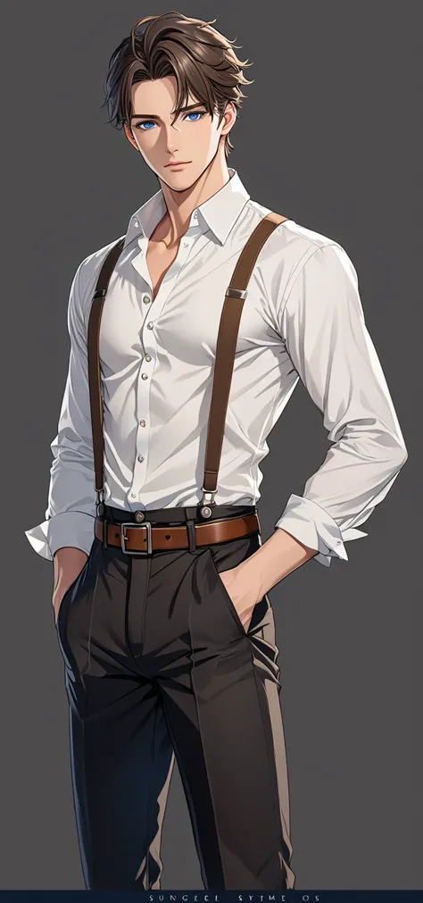 beautiful illustration, visual novel, highly detailed, masterpiece, anime style, handsome man, blue eyes, slim, handsome man, wearing white shirt and suspenders, brown belt, black pants, man 25 years old