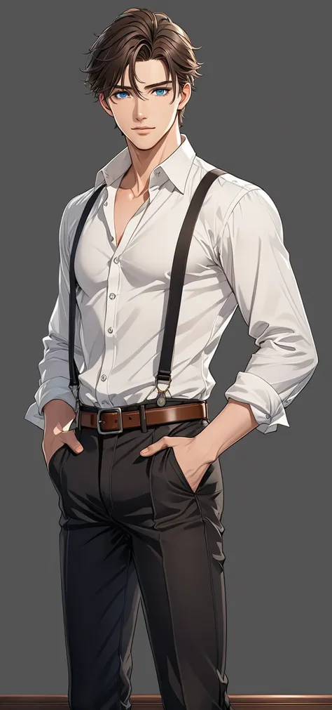 beautiful illustration, visual novel, highly detailed, masterpiece, anime style, handsome man, blue eyes, slim, handsome man, wearing white shirt and suspenders, brown belt, black pants, man 25 years old