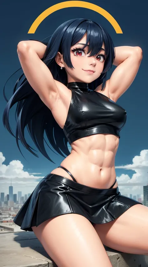 (cabello despeinado), (illustration), retrato, (fondo de ciudad futurista), (arms behind back), Cintura delgada, gran sonrisa, abdominales fuertes, chica delgada, strong abs, muscle girl, front pose, big thighs, focus on face, flat chested, large city back...