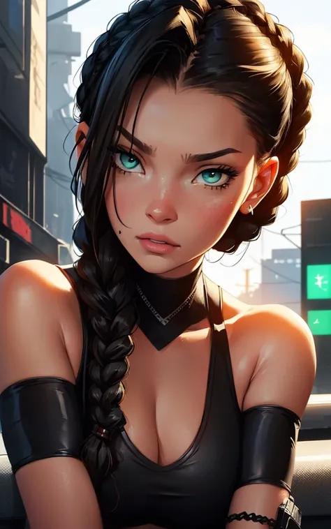 Black braided hair, Wide shoulders, lean body, green eyes, Perfect face, Close-up, cyberpunk girl, Face based on kate moss, Portrait, black, short curly hair  with a bum, German girl, concealed hands, seductive, blonde hair, european, Female, athletic girl...