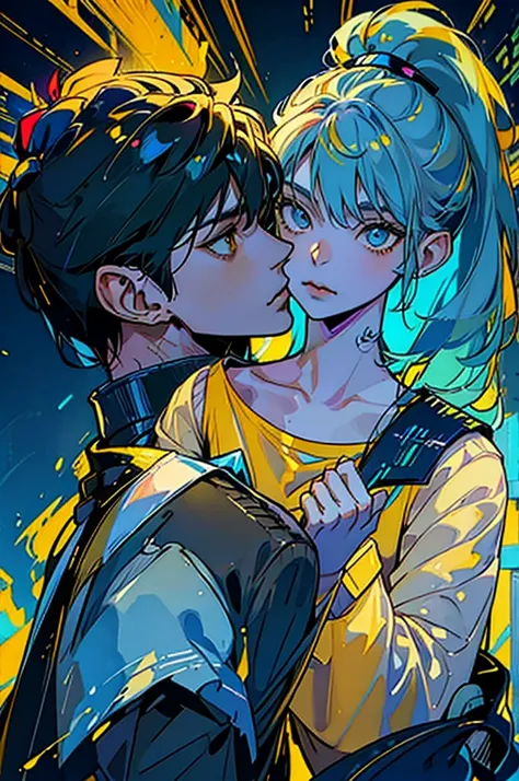 2persons, couple, 1boy, 1girl, yellow mid-lenght boy, boy with yellow eyes, blue haired girl, girl with ponytail, gil with blue eyes, kissing each other, formal business outfit, boy with yellow shirt, girl with elegant work clothes