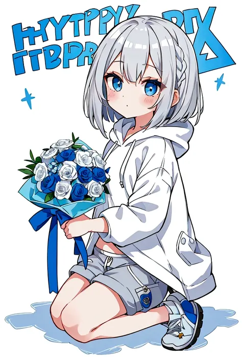 Girl,Silver Hair,blue eyes,Bob,birthday,whole body,White hoodie,Grey shorts,bouquet