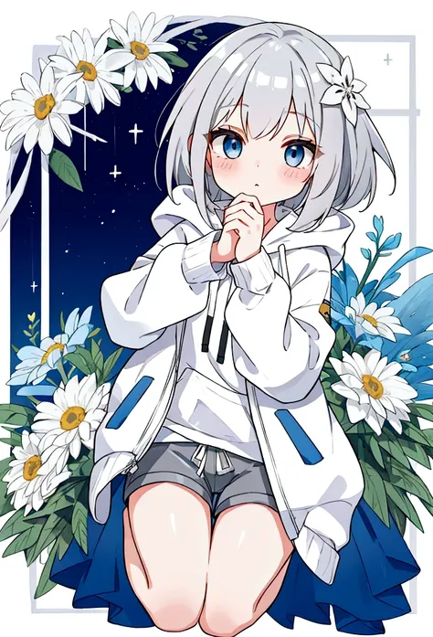 Girl,Silver Hair,blue eyes,Bob,birthday,whole body,White hoodie,Grey shorts,bouquet