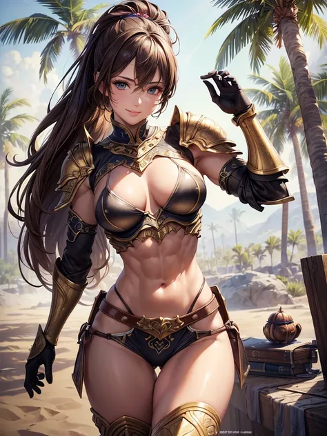 ,(best quality, ultra-detailed, realistic:1.37, masterpiece:1.2), woman, beautiful detailed eyes, beautiful detailed lips, brown hair tied up, smile, bikini armor, (muscular body:1.1),slim figure, caustics, textile shading, toned body, clean abs, palm tree...