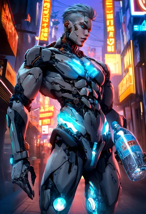 Pessoas do sexo masculino　Profissionais,arafian man holding a bottle of water and a bottle of ice, cyborg male, cyborg body, male cyborg, cyborg fashion shot, body full glowing vacuum tubes, half cyborg, cyborg, fitness model, head and shoulders photograph...