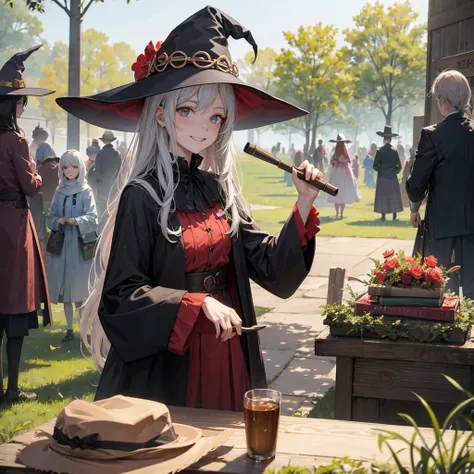 The witch and the park（Witch Hat　　Crowd in the background（placardhave）　　A sloppy smile）,Crowd in the background（placard（monitor　anime）have