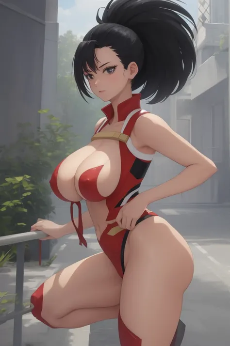 (best quality), big head, face confident, (momo yaoorozu with DD-size breasts:1.2) in a hero skintight revealing suit, from the side