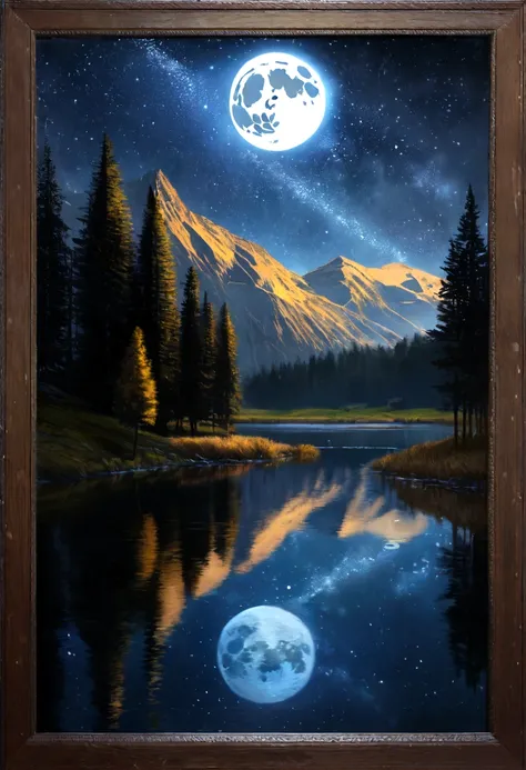 A very starry night. Huge moon behind the mountains. A quiet lake reflecting the night. realistic scene, detailed, Photorealism, 8k