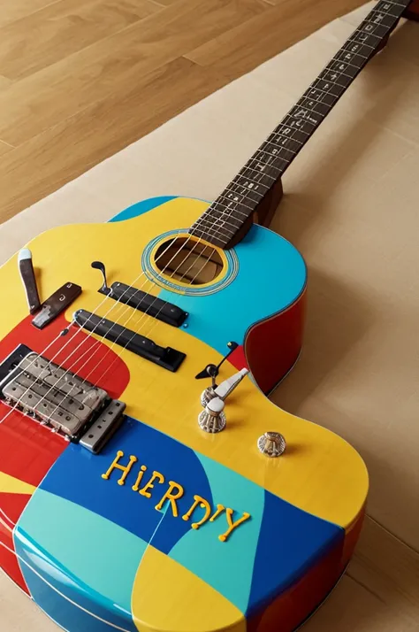 Image that says, "happy birthday Elmer" with guitar decoration