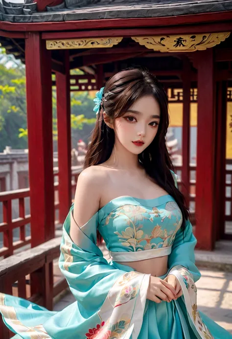 Chinese beauties in Han costume dancing under the pavilion of Tingtai Pavilion,Chinese style,actual eyes,,beautiful skin,Natural Makeup, ,Off-shoulder,Reality,4K,High resolution full body pictures.