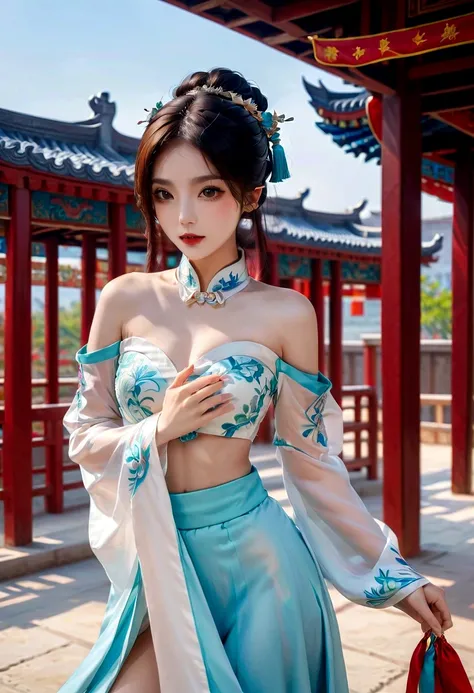 Chinese beauties in Han costume dancing under the pavilion of Tingtai Pavilion,Chinese style,actual eyes,,beautiful skin,Natural Makeup, ,Off-shoulder,Reality,4K,High resolution full body pictures.