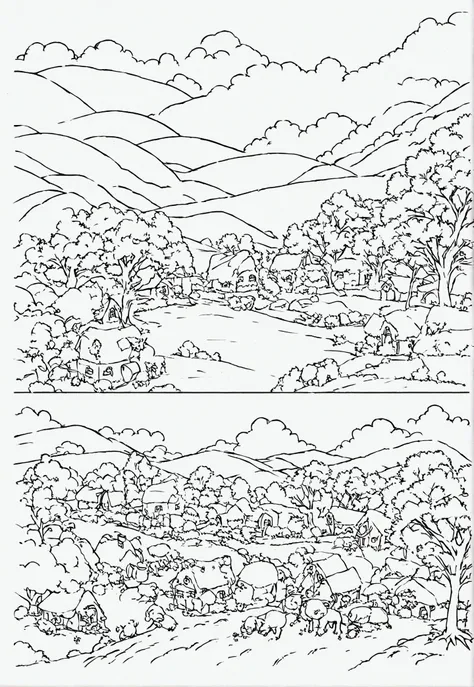 Maple Syrup Harvest: Grey and white only, Book page coloring art. All-white background. Use only outlines, line art. Clean line art for coloring. Simple and clean line art, coloring book page. Perfect symmetric details. A maple syrup farm during harvest se...