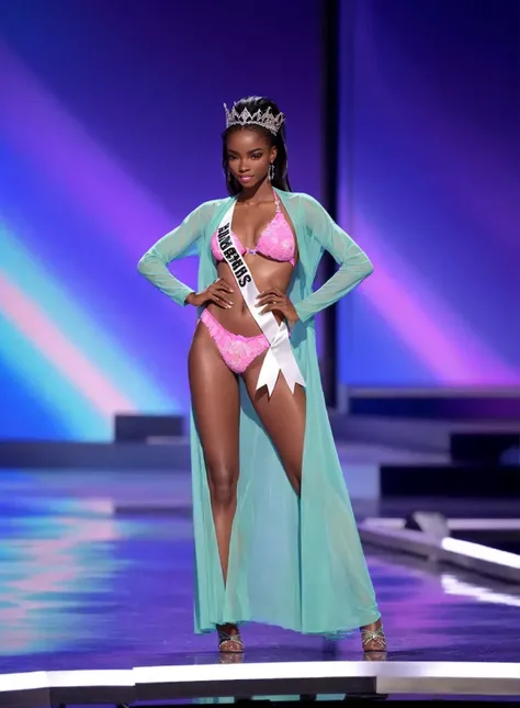 una mujer en bikini y falda larga en un escenario, Miss Universo, Maria Borges, usa-sep 20, diosa alta, delgada y hermosa, rendering of beauty pageant, longitud total del cuerpo, victorias secret model, bikini model, hermosa figura, posando en leotardo y t...