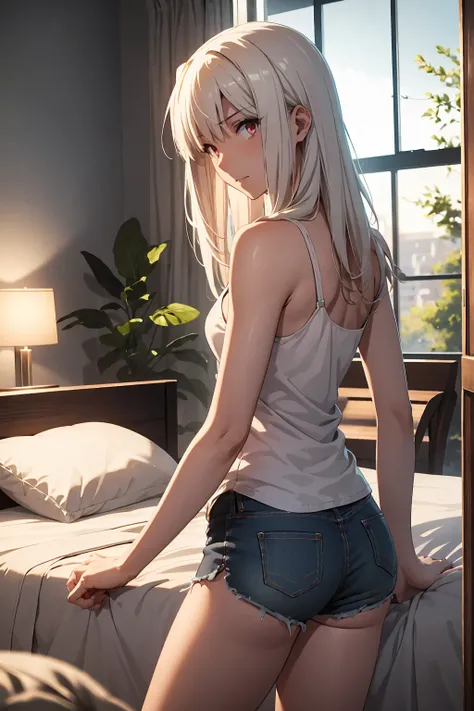 Browsing Caution　(highest quality:1.5, High resolution, 超High resolution, 4K, Detailed lighting, Shaders)(masterpiece:1.2), Very detailed, destiny/Background of the stay, indoor, Illyasviel von Einzbern　alone, Cowboy Shot,Long Hair, Gray Hair, Red eyes, Wh...