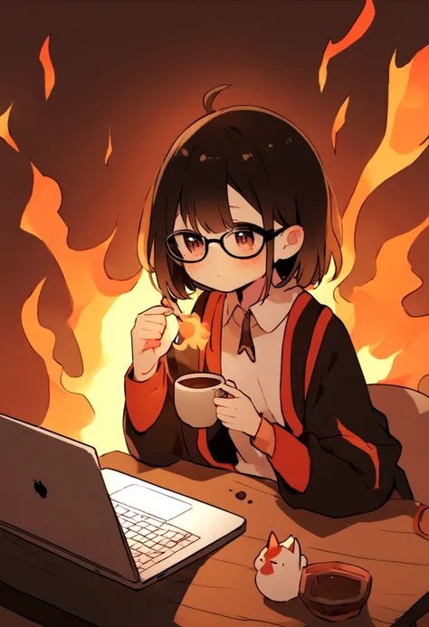 cute00d, sitting, glasses, cup, fire, animal, computer on fire, laptop, coffee