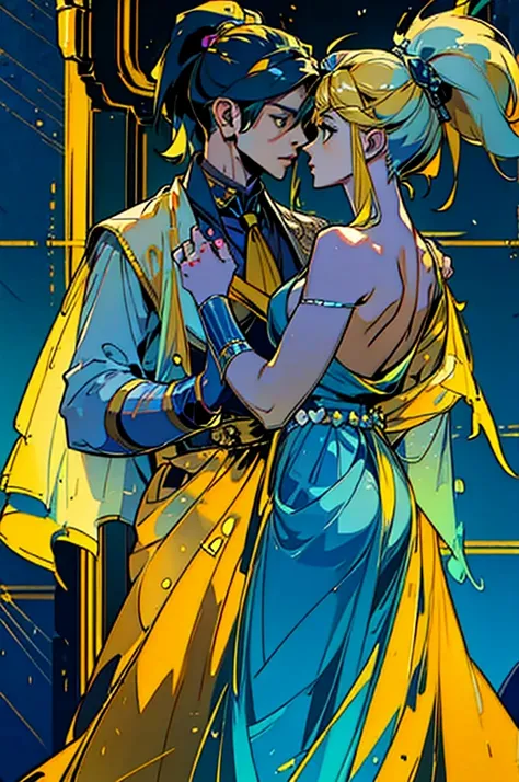 (Best quality, masterpiece: 1.1), 2persons, couple, 1boy, 1girl, yellow mid-length hair boy, blonde boy, boy with yellow eyes, blue haired girl, girl with ponytail, gil with blue eyes, kissing each other, formal business outfit