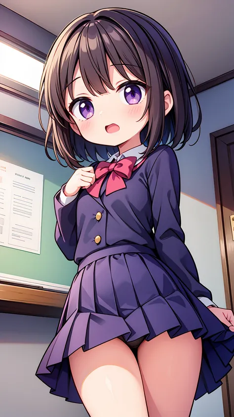 masterpiece,best quality,ultra detail, (loli girl), short brown hair, purple eyes, (school uniform), open mouth, shy, blush, viewers view from below, thighs