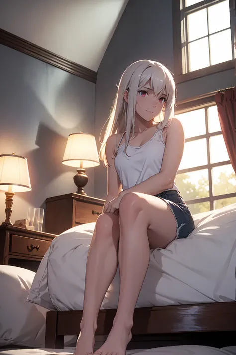 NSFW　(highest quality:1.5, High resolution, 超High resolution, 4K, Detailed lighting, Shaders)(masterpiece:1.2), Very detailed, destiny/Background of the stay, indoor, Illyasviel von Einzbern　alone, Cowboy Shot,Long Hair, Gray Hair, Red eyes, White tank top...