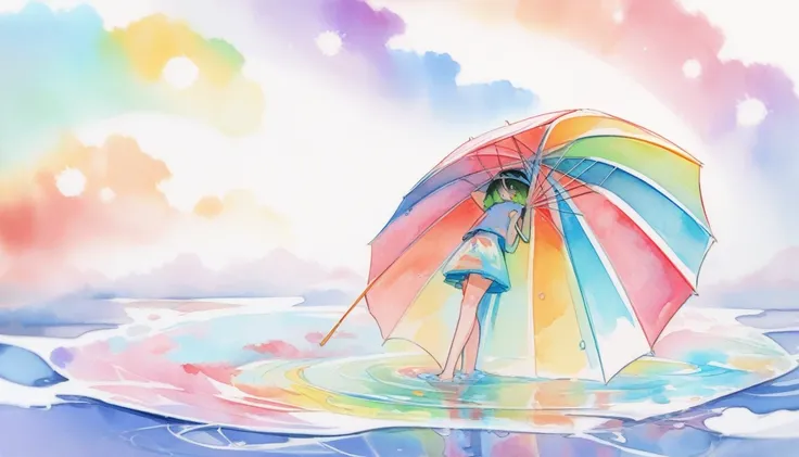 An umbrella lying on a white background, in puddle, rainbow watercolor style umbrella, masterpiece, absrudres, best quality, watercolour, profressional
