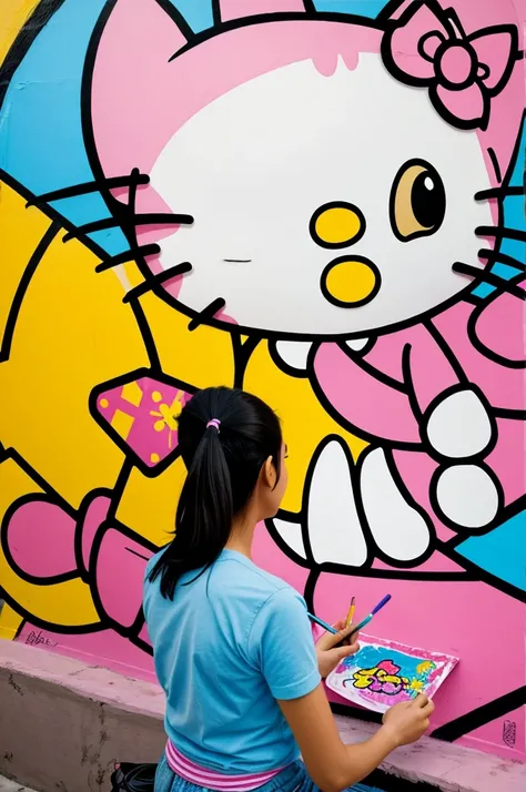 Imagen caricatura de una chica pintando un mural y a imagen de hello kitty 