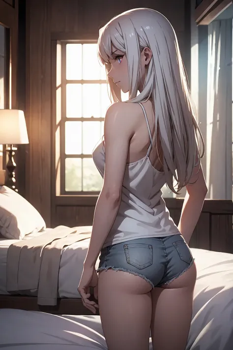 NSFW　(highest quality:1.5, High resolution, 超High resolution, 4K, Detailed lighting, Shaders)(masterpiece:1.2), Very detailed, destiny/Background of the stay, indoor, Illyasviel von Einzbern　alone, Cowboy Shot,Long Hair, Gray Hair, Red eyes, White tank top...