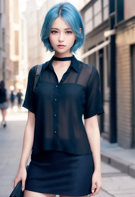 8K, of the highest quality, masutepiece:1.2), (Realistic, Photorealsitic:1.37), of the highest quality, masterpiece, (cleavage:0.75), sheer shirt, pale blue hair, Beautiful young woman, Pensive expression, charming, an inviting look, pixie hair, Cinematic ...