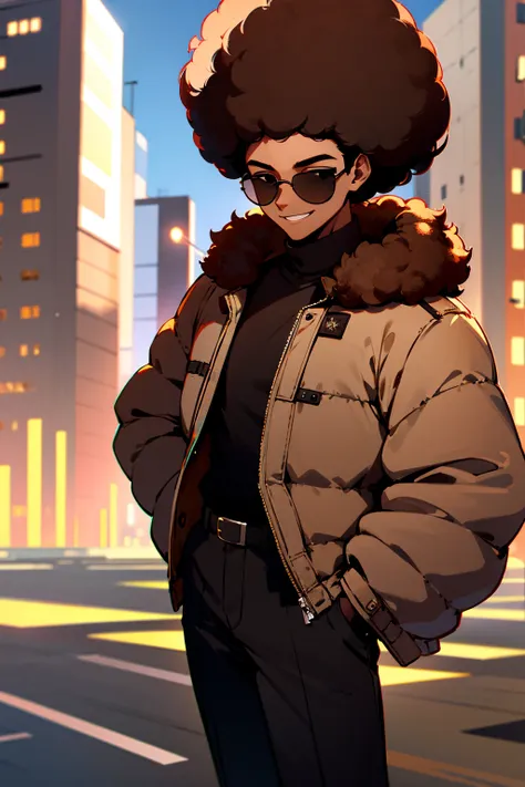 1male, dark skin, black aviators, brown hair, afro, grinning, black shirt, white puffer jacket, black pants, city background, de...