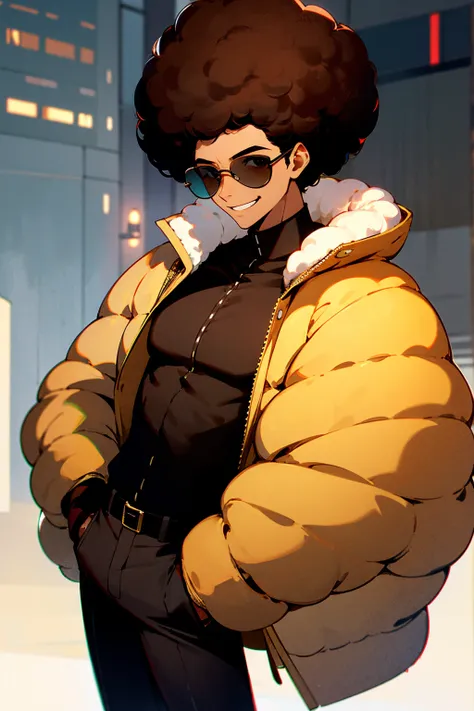 1male, dark skin, black aviators, brown hair, afro, grinning, black shirt, white puffer jacket, black pants, city background, de...