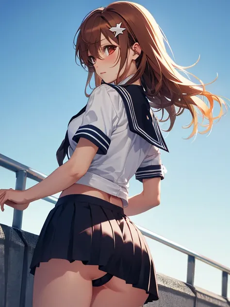 Misaka Mikoto, Back View, (Skirt flip, I can see her panties), Sailor suit, UHD, retina, masterpiece, ccurate, anatomically correct, textured skin, super detail, high details, high quality, best quality, highres, 4K