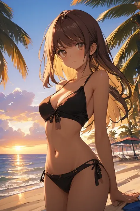 masterpiece, rich colors, Best quality, detailed, high resolution, Hyper quality, high detail, , High quality, detailing, skinny sexy girl on the beach , bright lighting , Brown eyes, anime, palm trees, bright lighting,