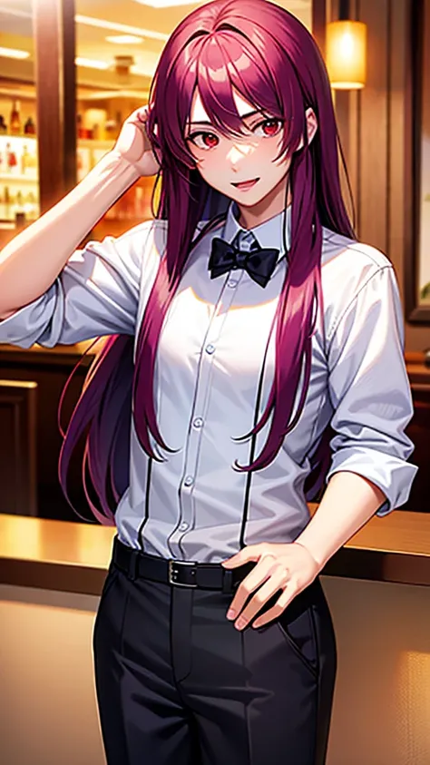 a teenage man wearing waiter clothes, with a face like a woman, red eyes, and slightly long red to purple hair,at bar,realistic anime