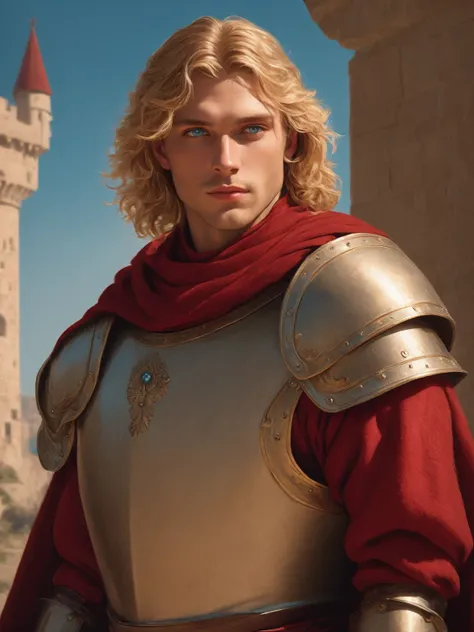 ((best quality),(masterpiece),(detailed),perfect face,a man with wavy blond hair and blue eyes,wearing red gambeson armor, castle behind,beautiful,(cinematic),(dramatic lighting),(digital painting),(sharp focus),(photorealistic),(ultra-realistic),(hyper de...