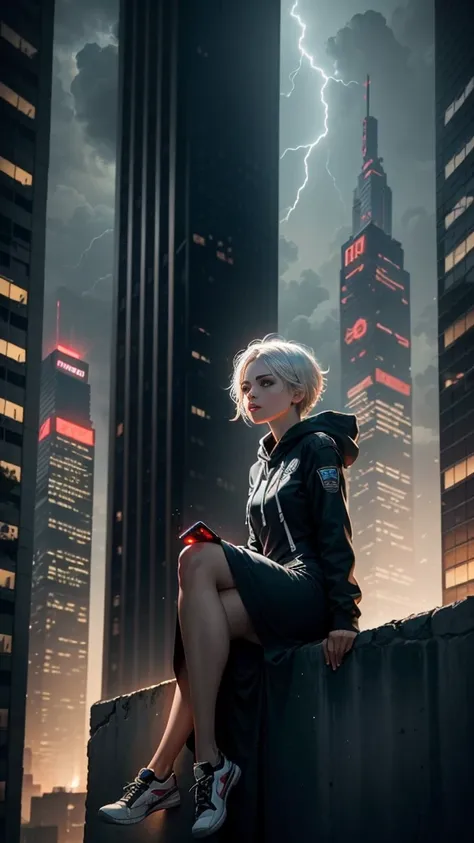 1 girl sitting top of the building, watching the view, cyberpunk, long dress plus hoodie style, white hair, short hair, best view, cyber city, lightning, night, futuristic, masterpiece, best quility, hoodie top, flying car, Police cyber around,