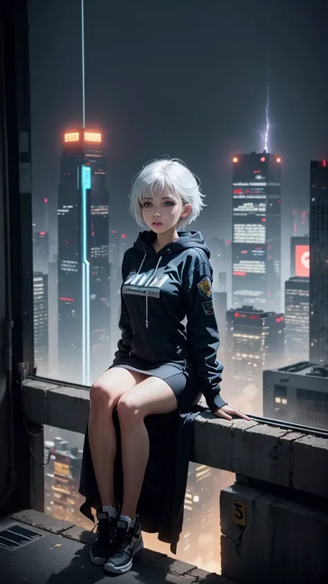 1 girl sitting top of the building, watching the view, cyberpunk, long dress plus hoodie style, white hair, short hair, best view, cyber city, lightning, night, futuristic, masterpiece, best quility, hoodie top, flying car, Police cyber around,