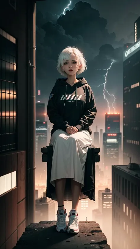 1 girl sitting top of the building, watching the view, cyberpunk, long dress plus hoodie style, white hair, short hair, best view, cyber city, lightning, night, futuristic, masterpiece, best quility, hoodie top, flying car, Police cyber around,