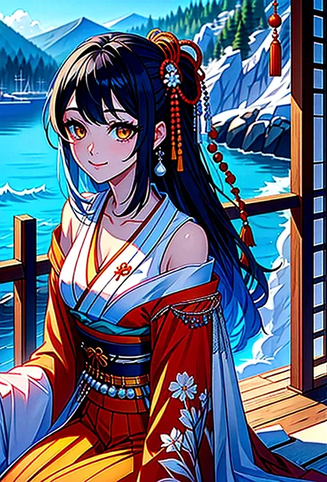 New sea city wind,Japanese kimono beauty,actual eyes,beautiful skin,Natural Makeup, ,Off-shoulder,Reality,4K,High resolution full body pictures.