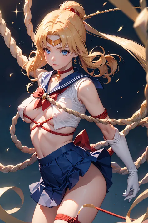 ((((Bare Chest))))　(((Rope Bondage)))　Browsing Caution {{Sailor Moon}}, so beautiful,, highest quality, Realistic, Complex, Overall Details　Blonde Hair Girl, Magical girl, (((Blue eyes))), Blue Skirt, Cute white panties　Elbow-length gloves, tiara, Pleated ...