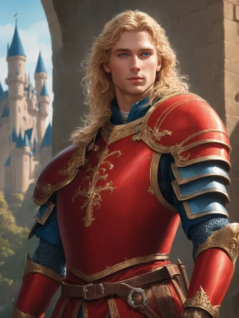 ((best quality),(masterpiece),(detailed),perfect face,a man with wavy blond hair and blue eyes,wearing red armor, castle behind,beautiful,(cinematic),(dramatic lighting),(digital painting),(sharp focus),(photorealistic),(ultra-realistic),(hyper detailed),(...